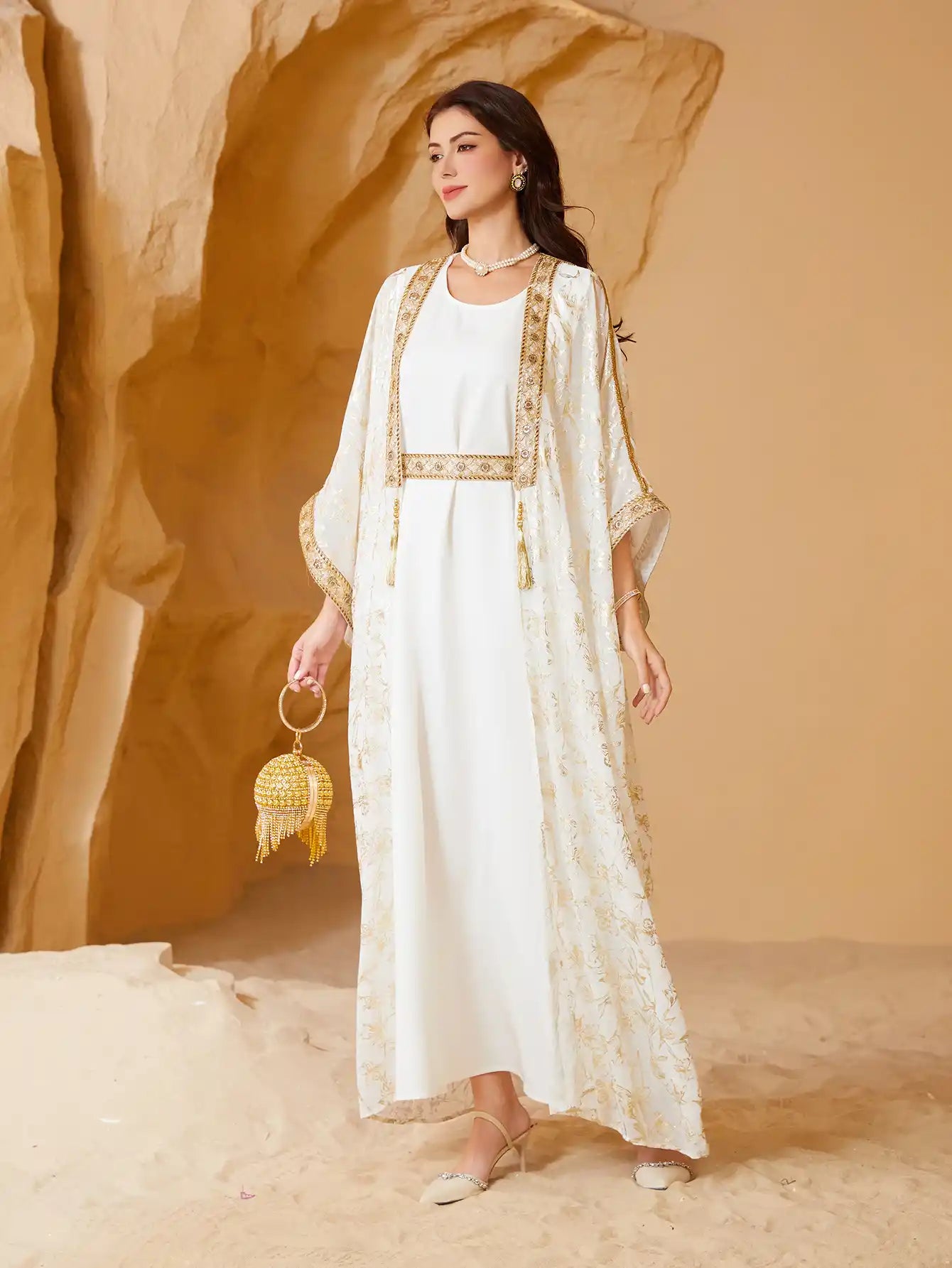 SW013 Muslim Summer Dress Gilded Robe Abaya Two-piece Suits
