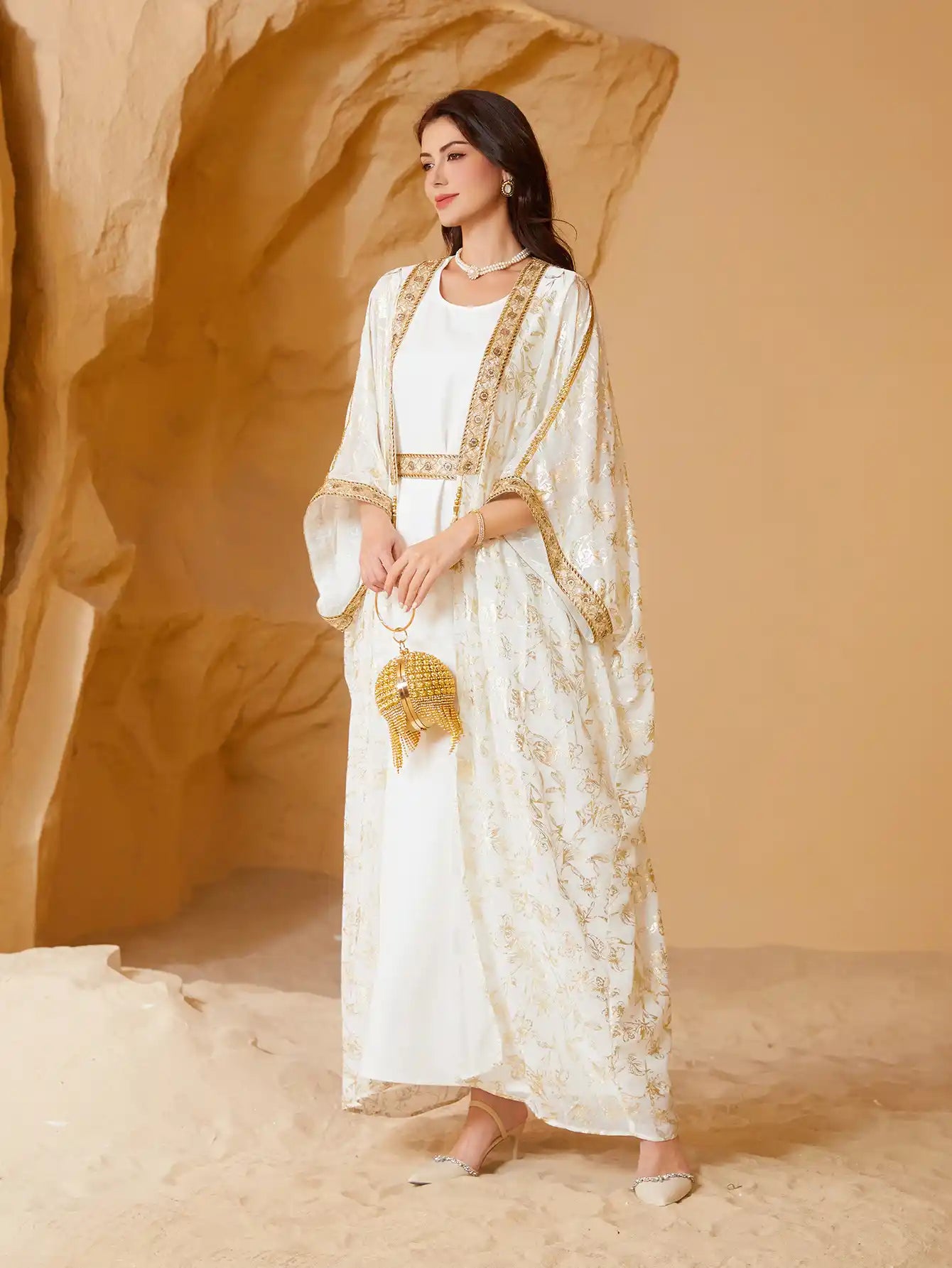 SW013 Muslim Summer Dress Gilded Robe Abaya Two-piece Suits