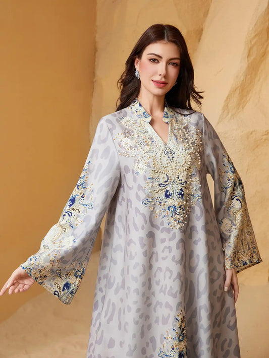 SW1004 Leopard Print Beading Hot Diamond Arabic Abayas