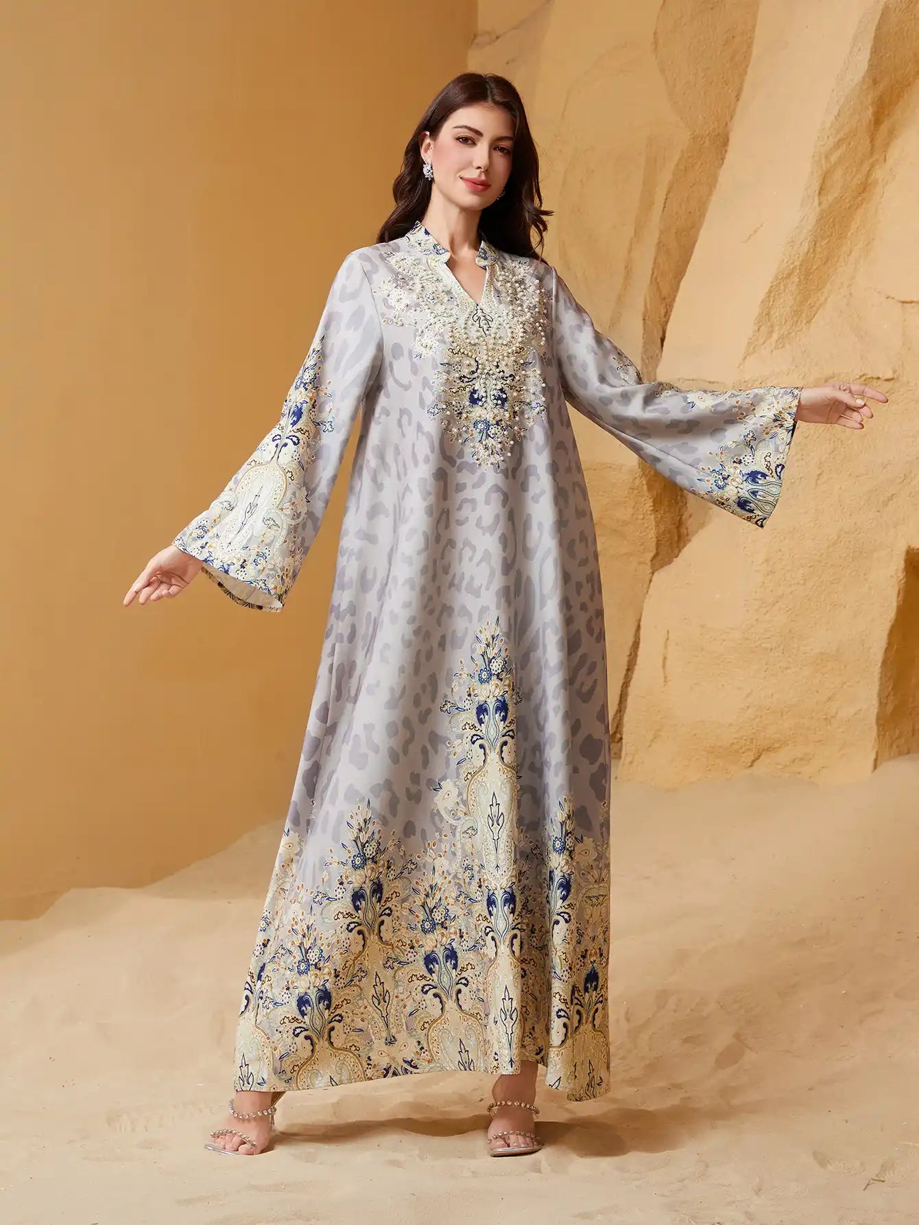 SW1004 Leopard Print Beading Hot Diamond Arabic Abayas