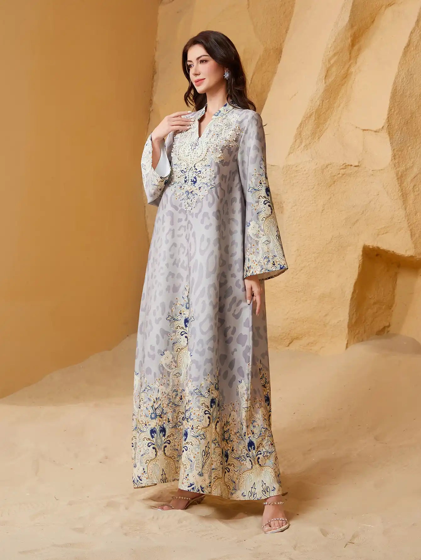 SW1004 Leopard Print Beading Hot Diamond Arabic Abayas
