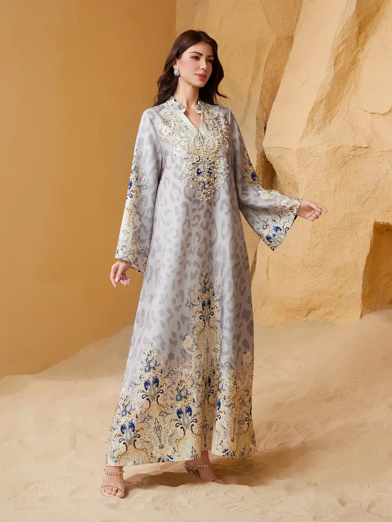 SW1004 Leopard Print Beading Hot Diamond Arabic Abayas
