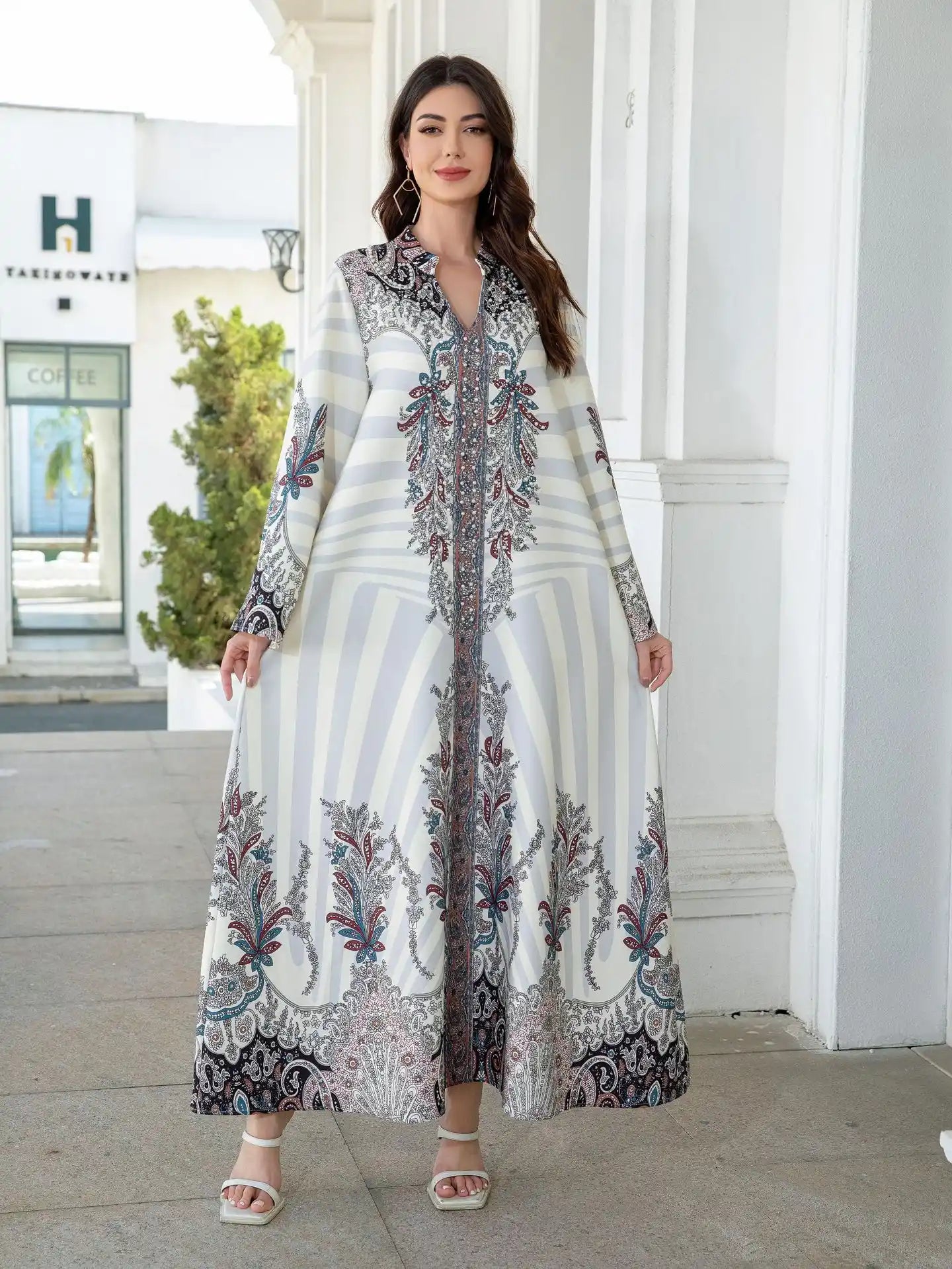 SW1101 Robe Printed Diamond Beaded Abayas