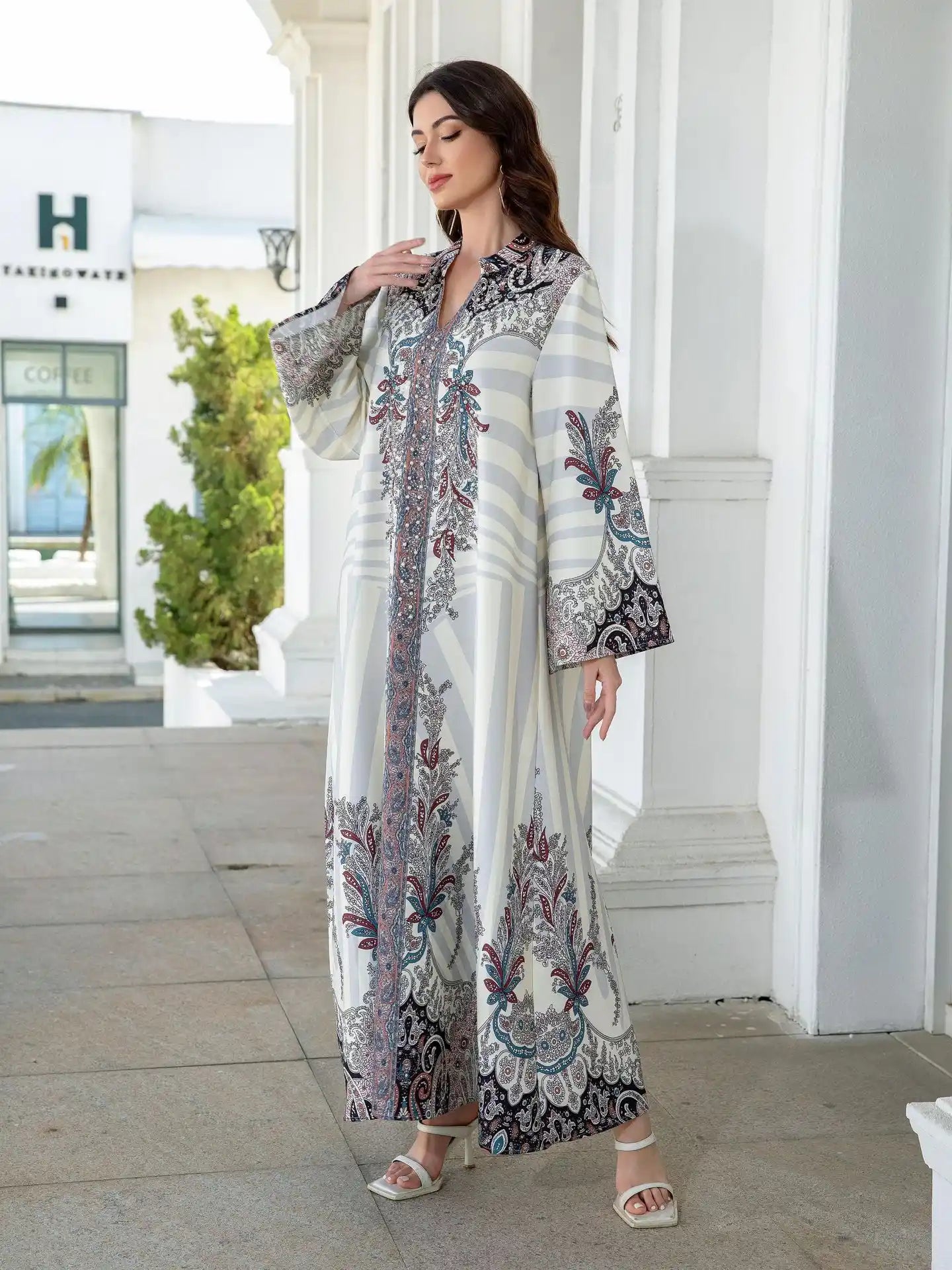 SW1101 Robe Printed Diamond Beaded Abayas