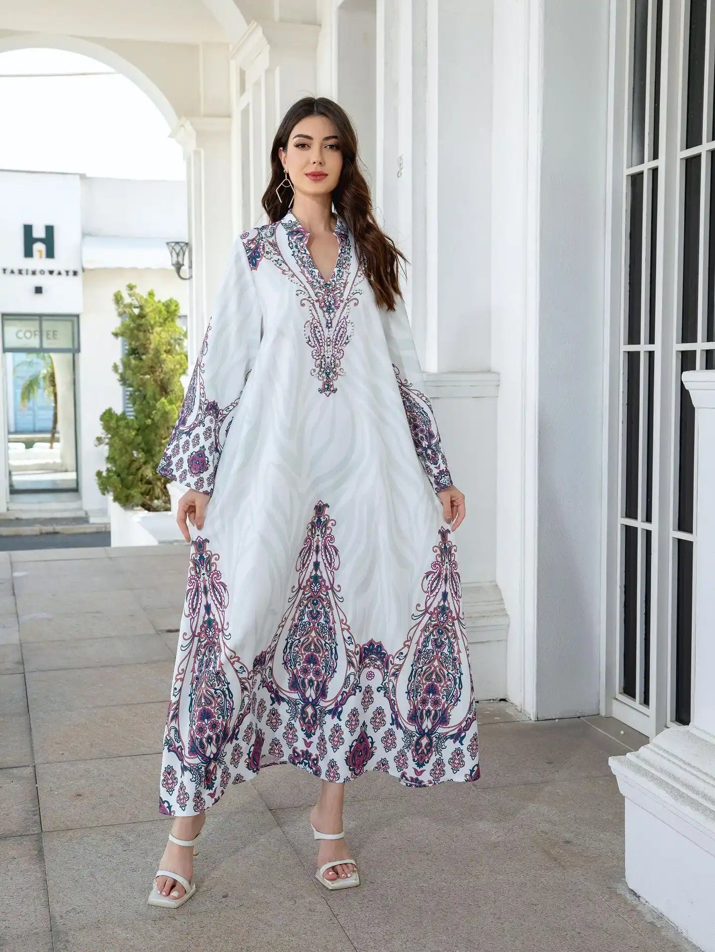 SW1102 Robe Printed Diamond Beaded Dress Abayas