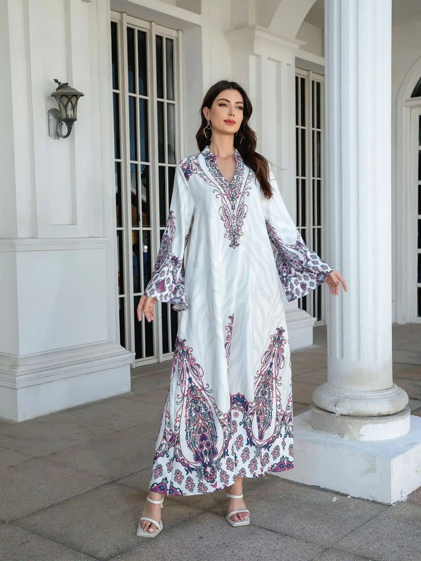 SW1102 Robe Printed Diamond Beaded Dress Abayas