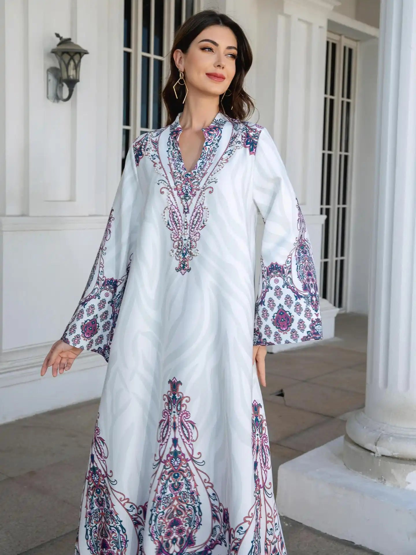 SW1102 Robe Printed Diamond Beaded Dress Abayas
