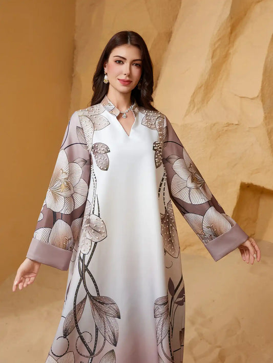 SW2513 Abaya Robe Print Beaded Diamond V-Neck Dress