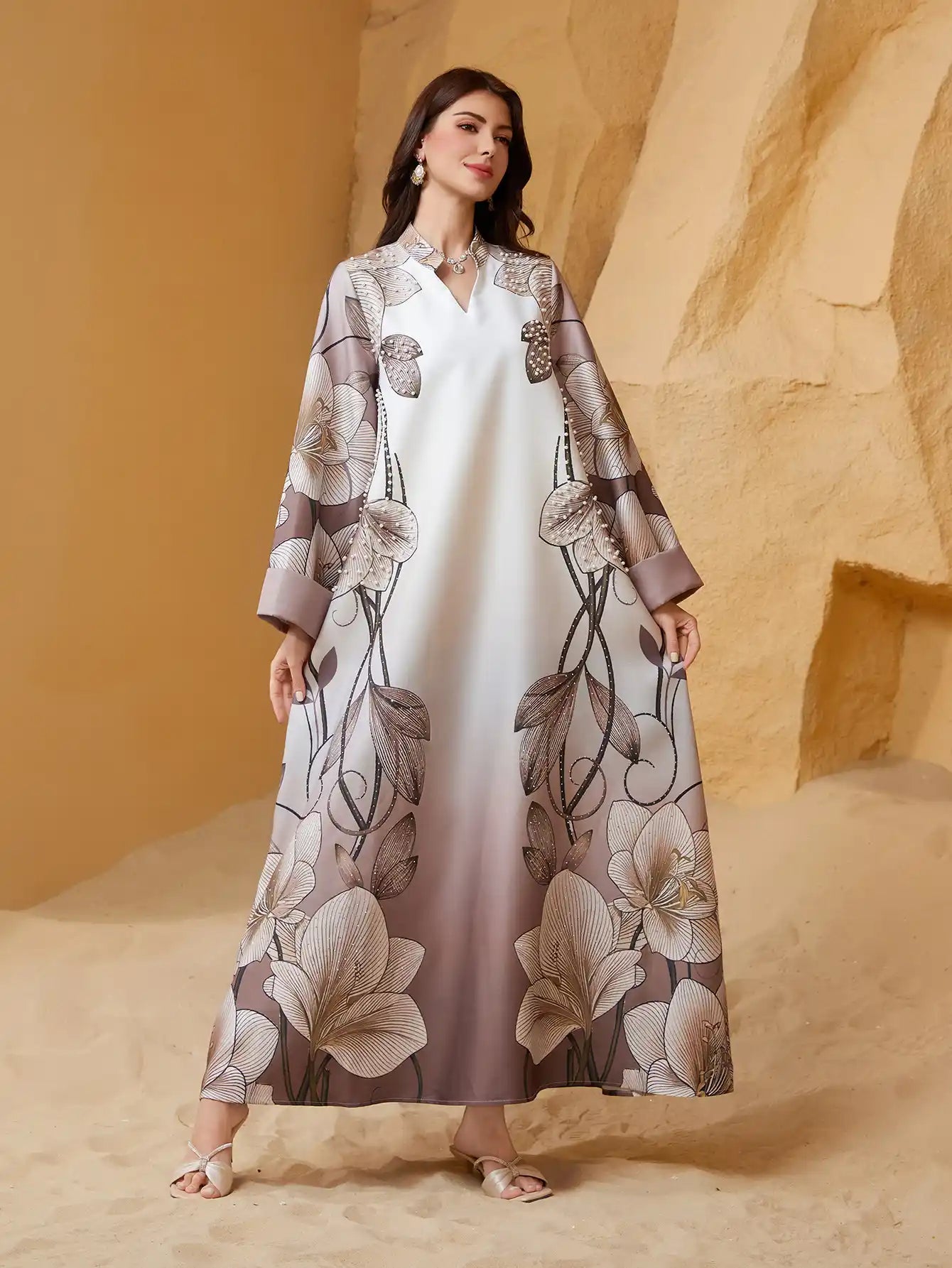 SW2513 Abaya Robe Print Beaded Diamond V-Neck Dress