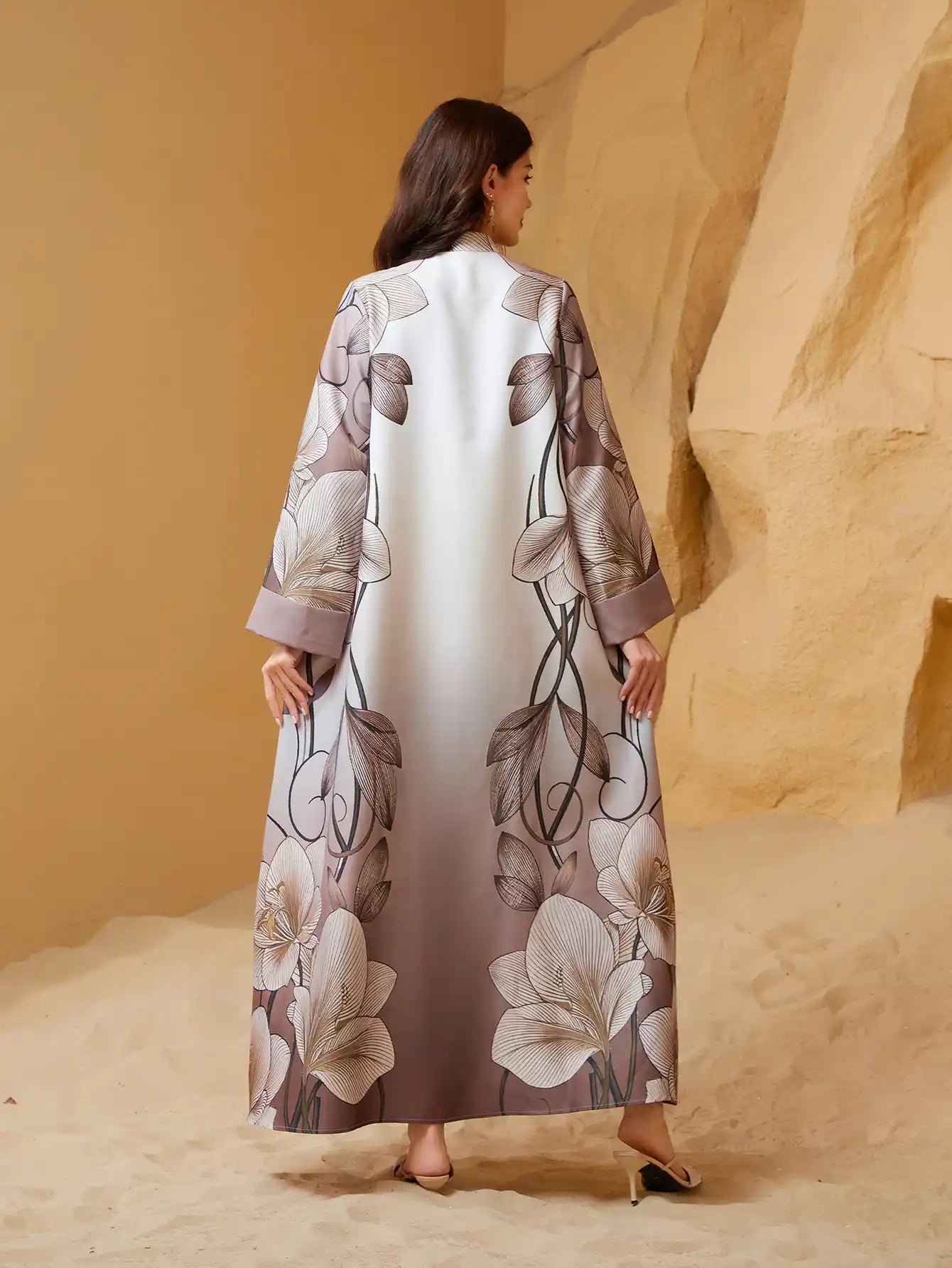 SW2513 Abaya Robe Print Beaded Diamond V-Neck Dress