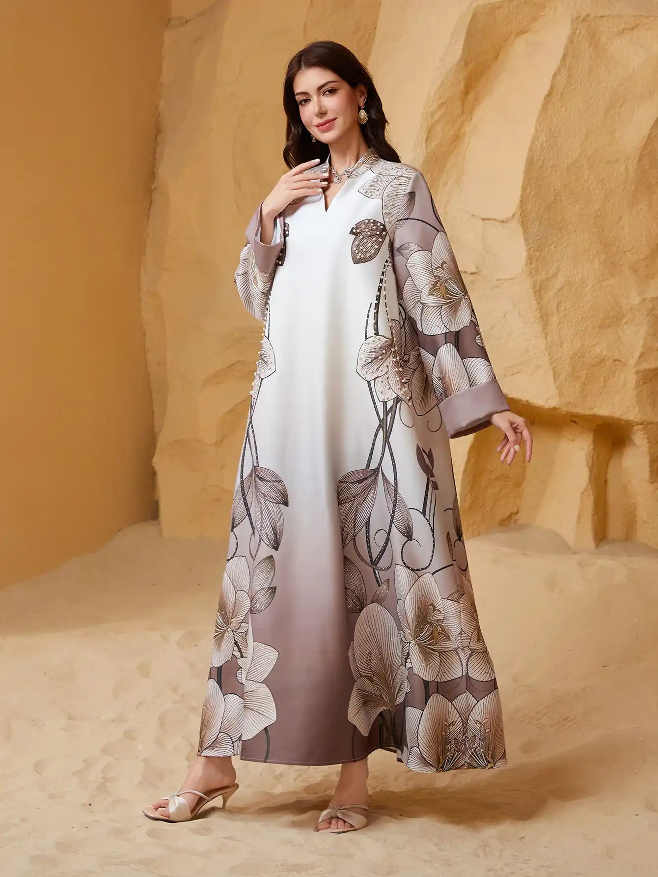 SW2513 Abaya Robe Print Beaded Diamond V-Neck Dress