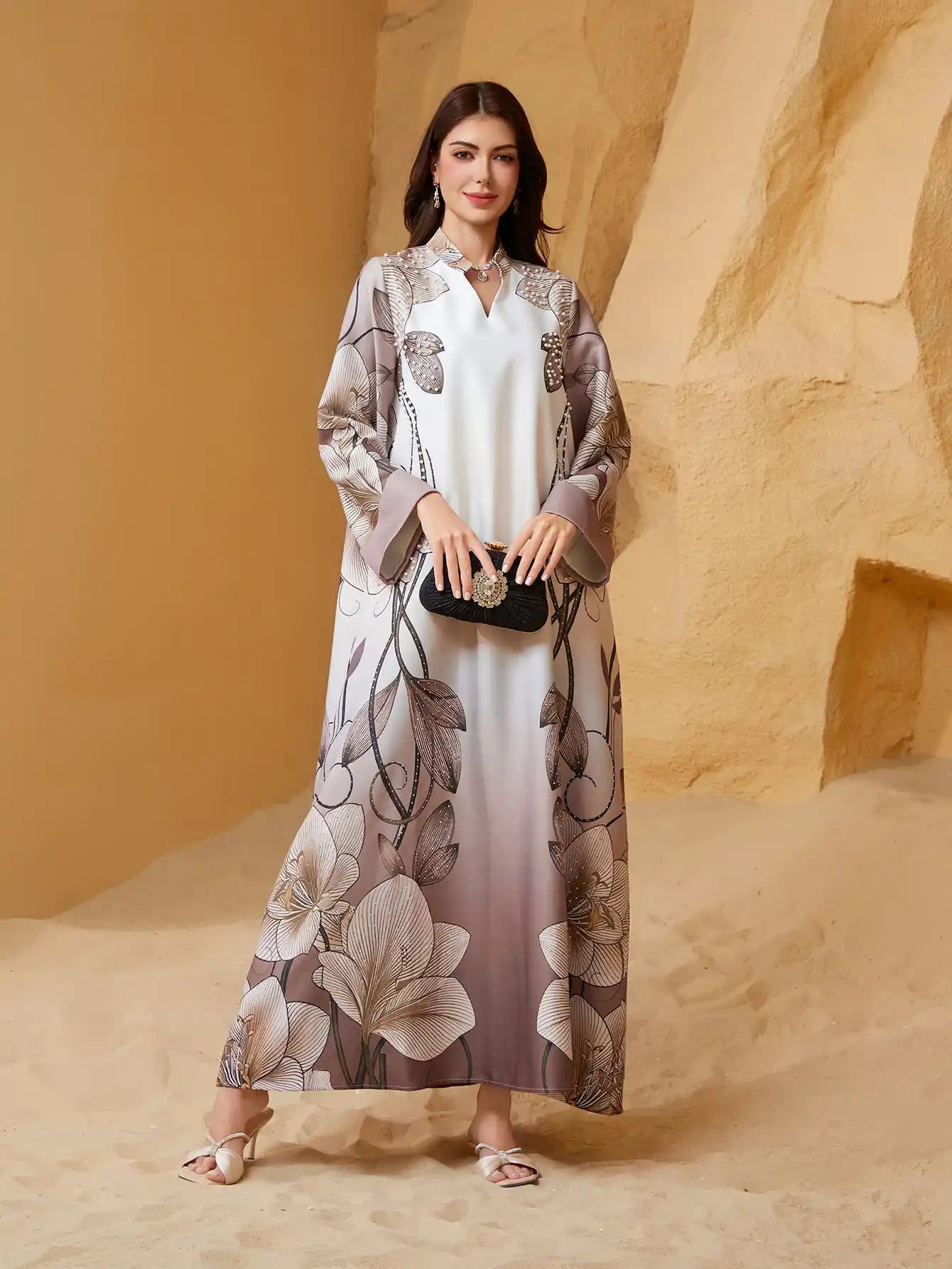 SW2513 Abaya Robe Print Beaded Diamond V-Neck Dress