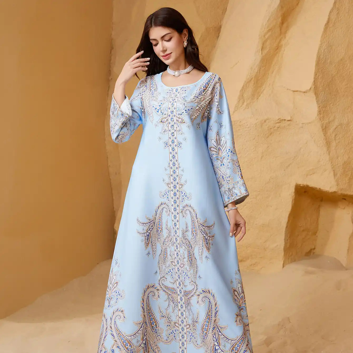 ZD011 Muslim Robe Beaded Printed Slim Abaya