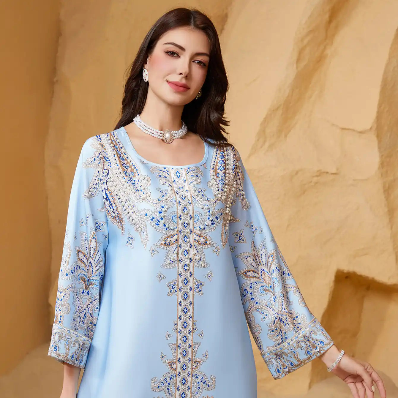 ZD011 Muslim Robe Beaded Printed Slim Abaya