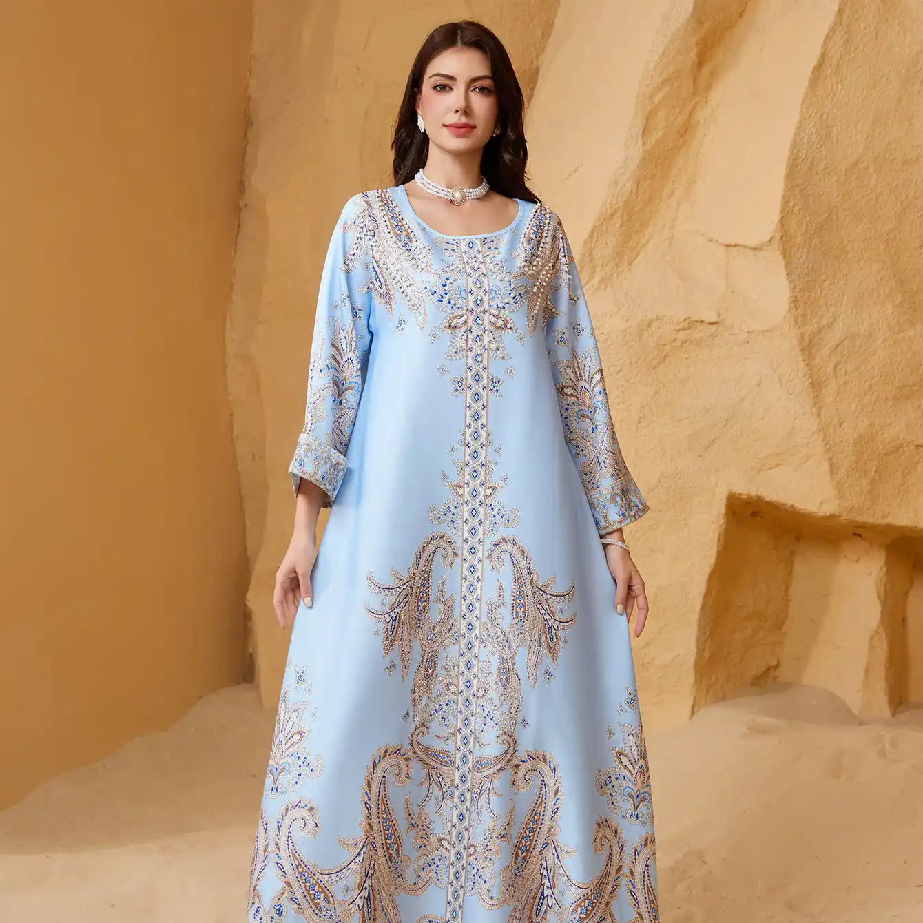 ZD011 Muslim Robe Beaded Printed Slim Abaya