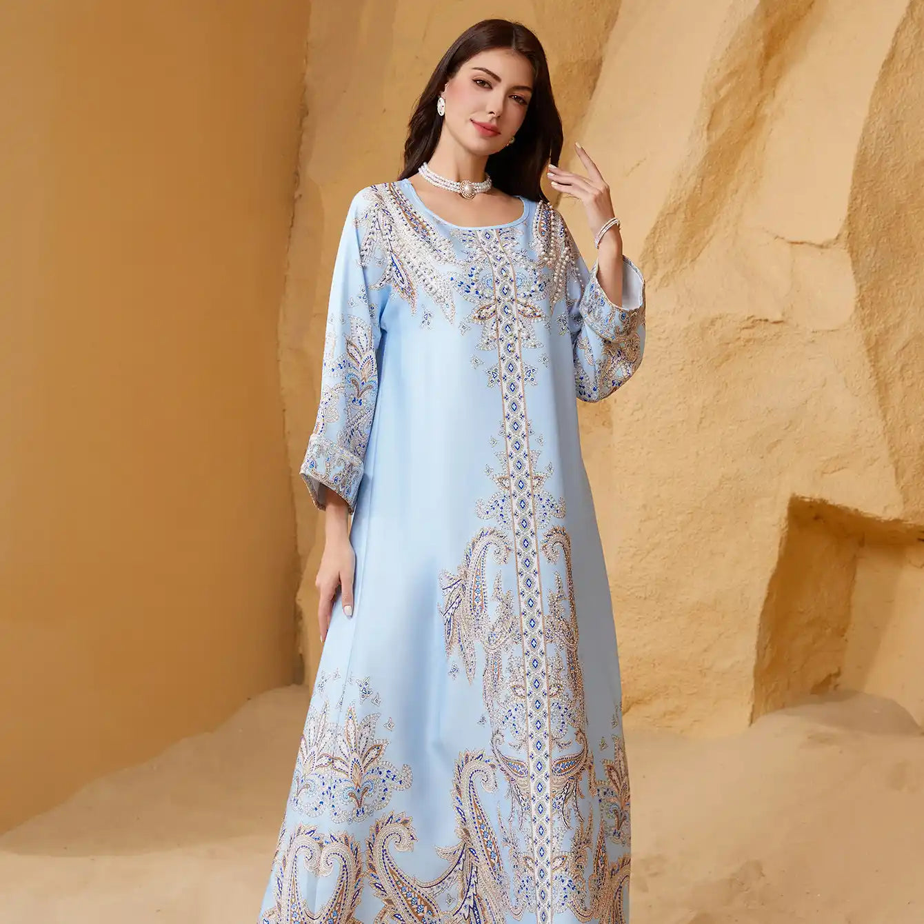 ZD011 Muslim Robe Beaded Printed Slim Abaya