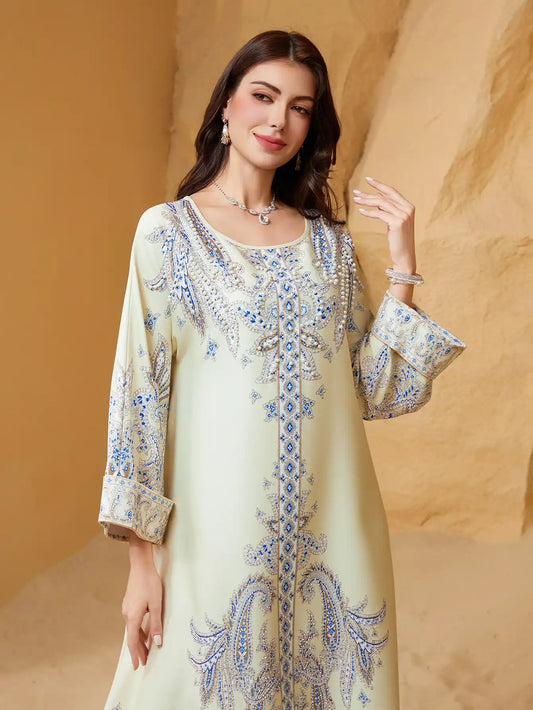 ZD011 Muslim Robe Beaded Printed Slim Abaya