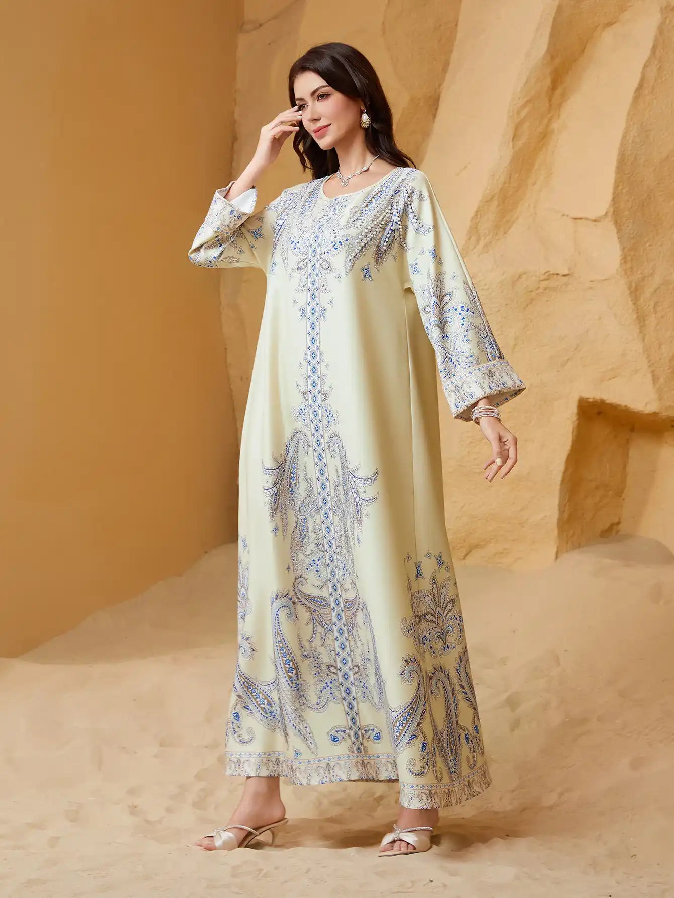 ZD011 Muslim Robe Beaded Printed Slim Abaya