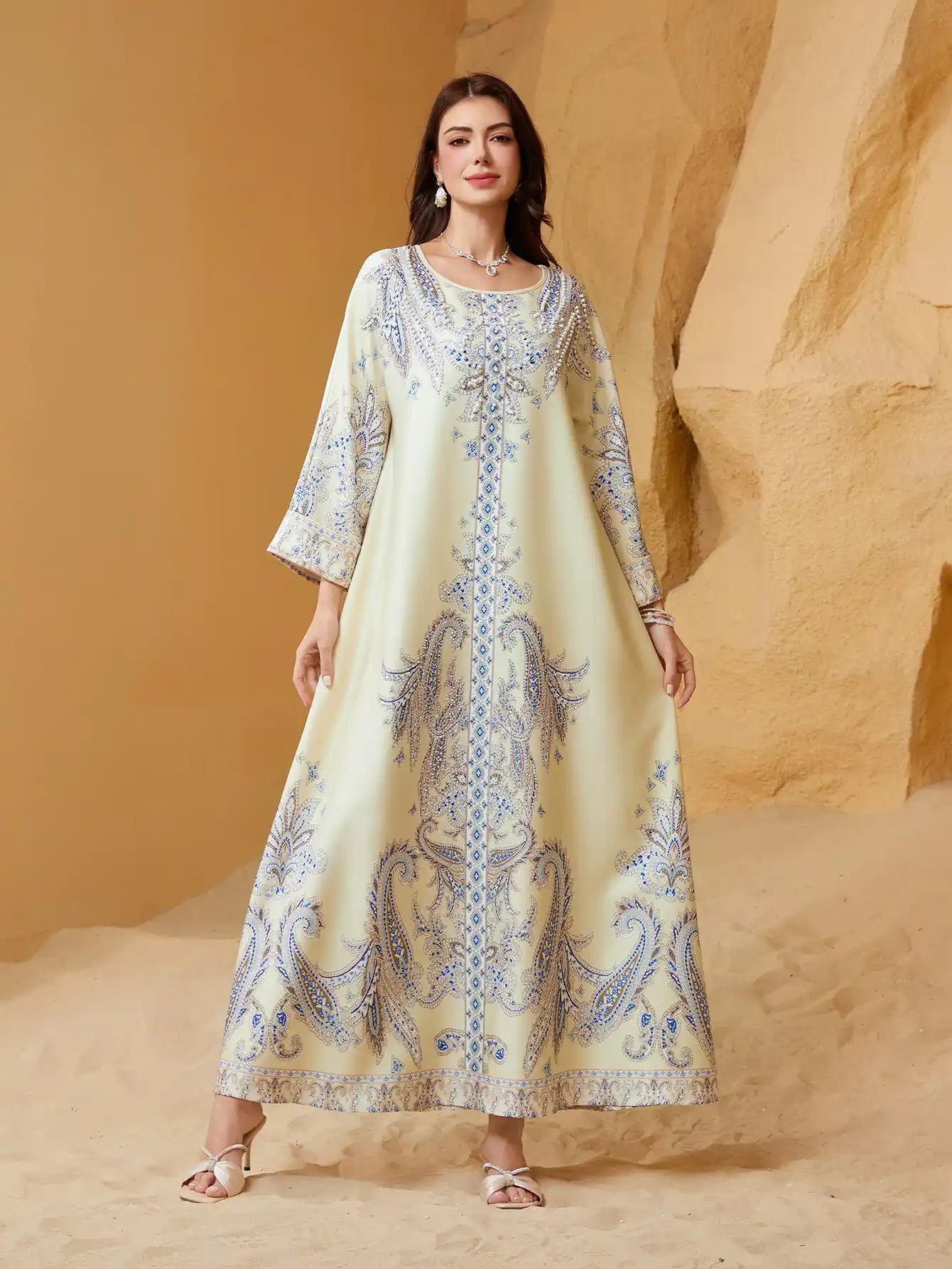 ZD011 Muslim Robe Beaded Printed Slim Abaya