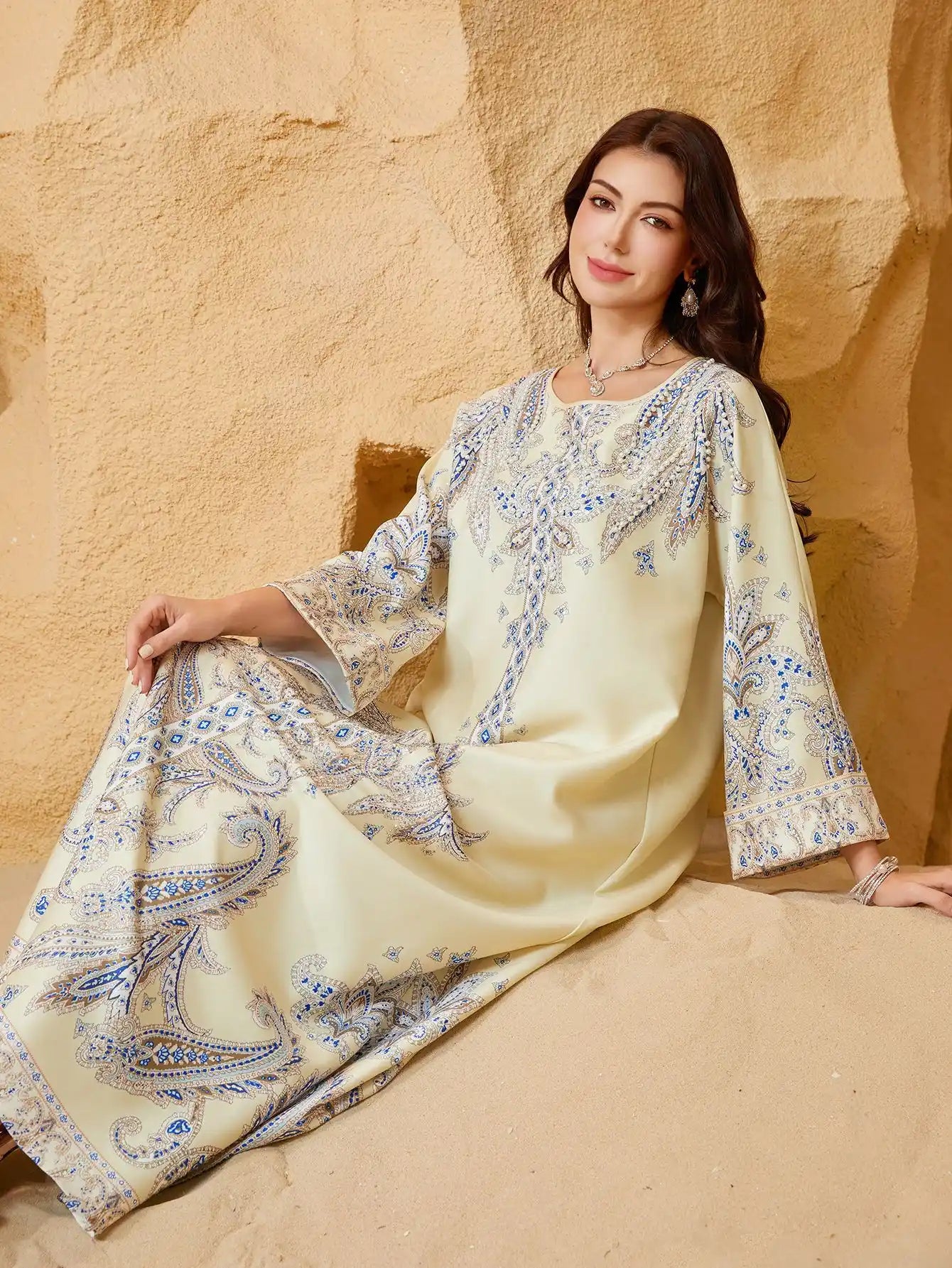 ZD011 Muslim Robe Beaded Printed Slim Abaya