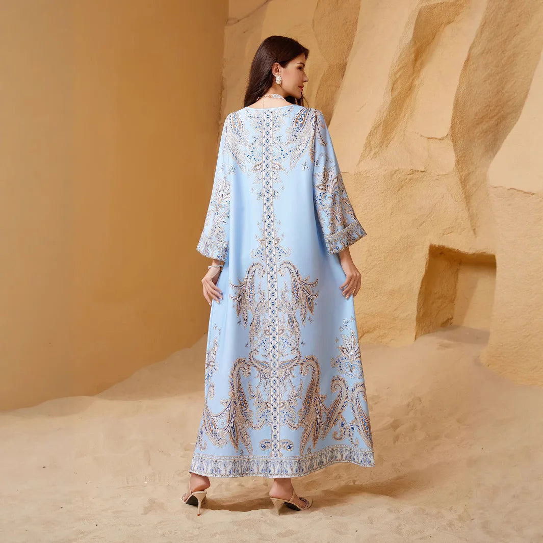 ZD011 Muslim Robe Beaded Printed Slim Abaya